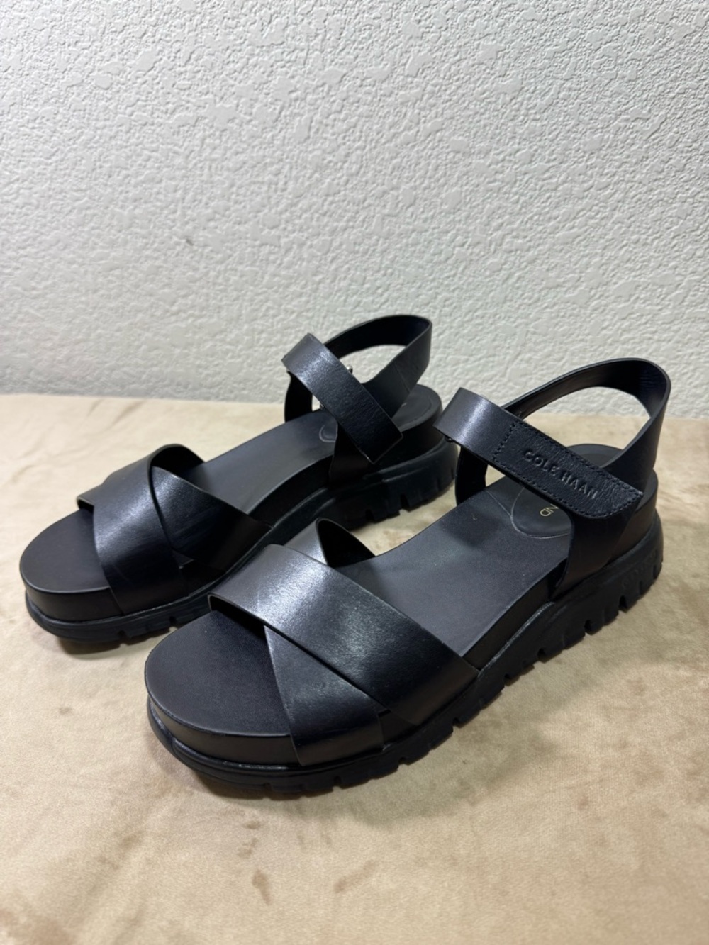 Cole Haan Black Leather Crisscross Platform Sandals
